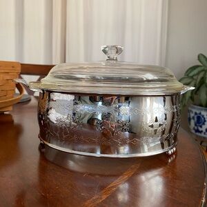 Vintage Anchor Hoking Fire King Round Casserole w Lid & Chrome-Plated Server